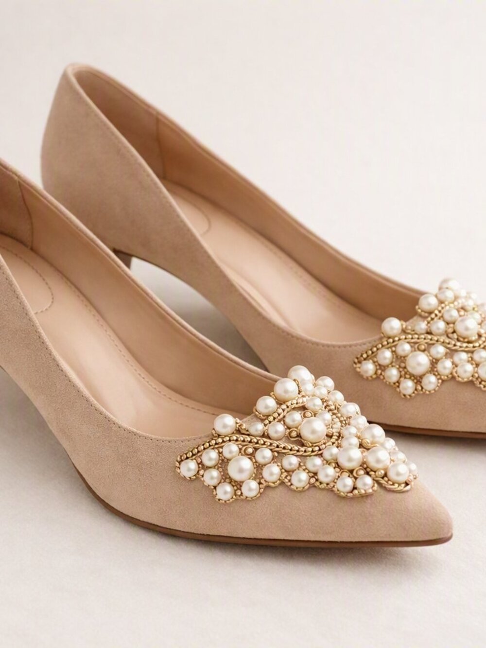 Beige Pearl‑Embellished Heels